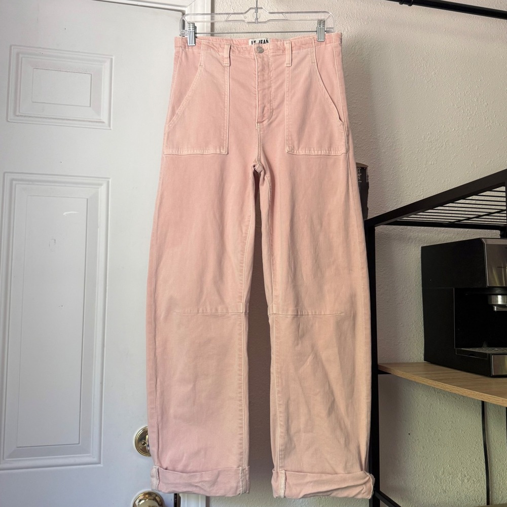 LE JEAN light blush pink denim high rise utility wide straight leg cuffed jeans